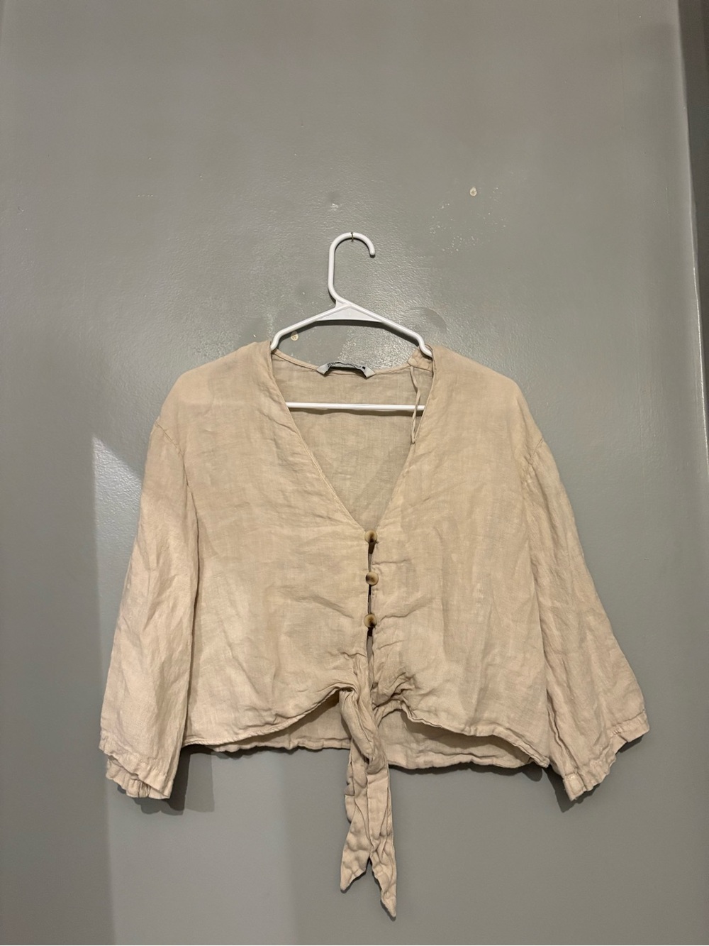 Zara Beige Tie-Front Button Shirt